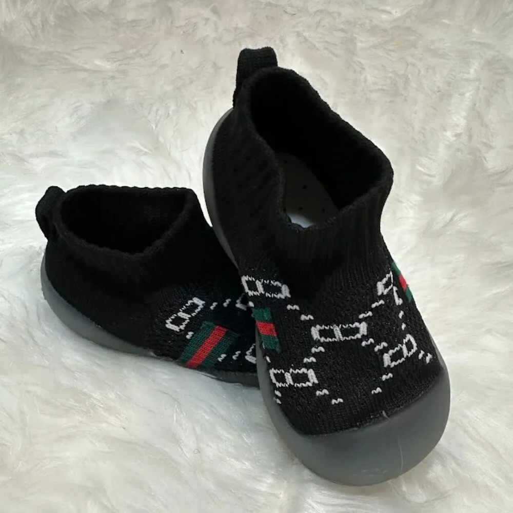 Black Knit Baby Moccasins Shoes With Soft Rubber Sole